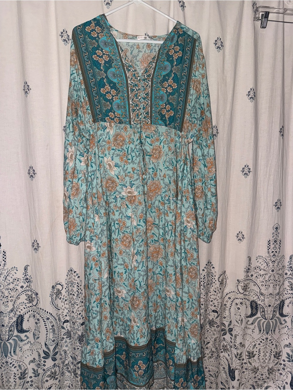 R.Vivimos Long Sleeve Boho Print V-Neck Tassel Maxi Dress Sky Blue & Seafoam